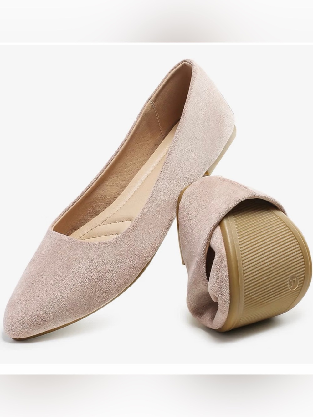 Amazon Women’s Pointed Toe Ballet Flats in Nude Suede, Size 9